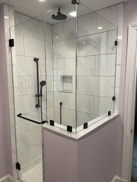 Custom built glass shower enclosure, installed by Great Lakes Glass in Cleveland, Ohio