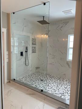 Custom glass shower enclosure, installed by Great Lakes Glass in Cleveland, Ohio